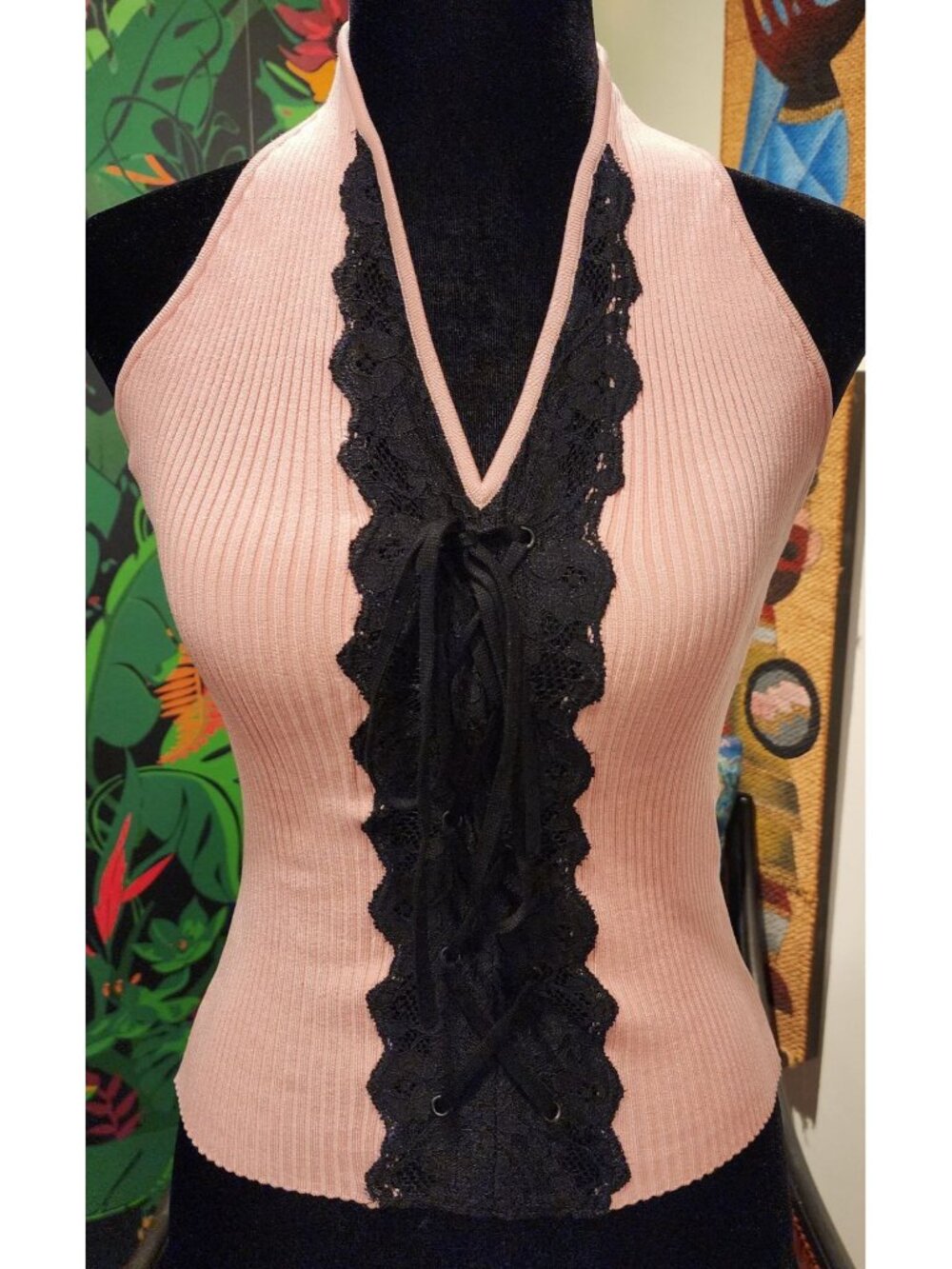 VINTAGE Bebe Pink Ribbed Halter Top Black Lace-Up Detail Womens Size L Silk